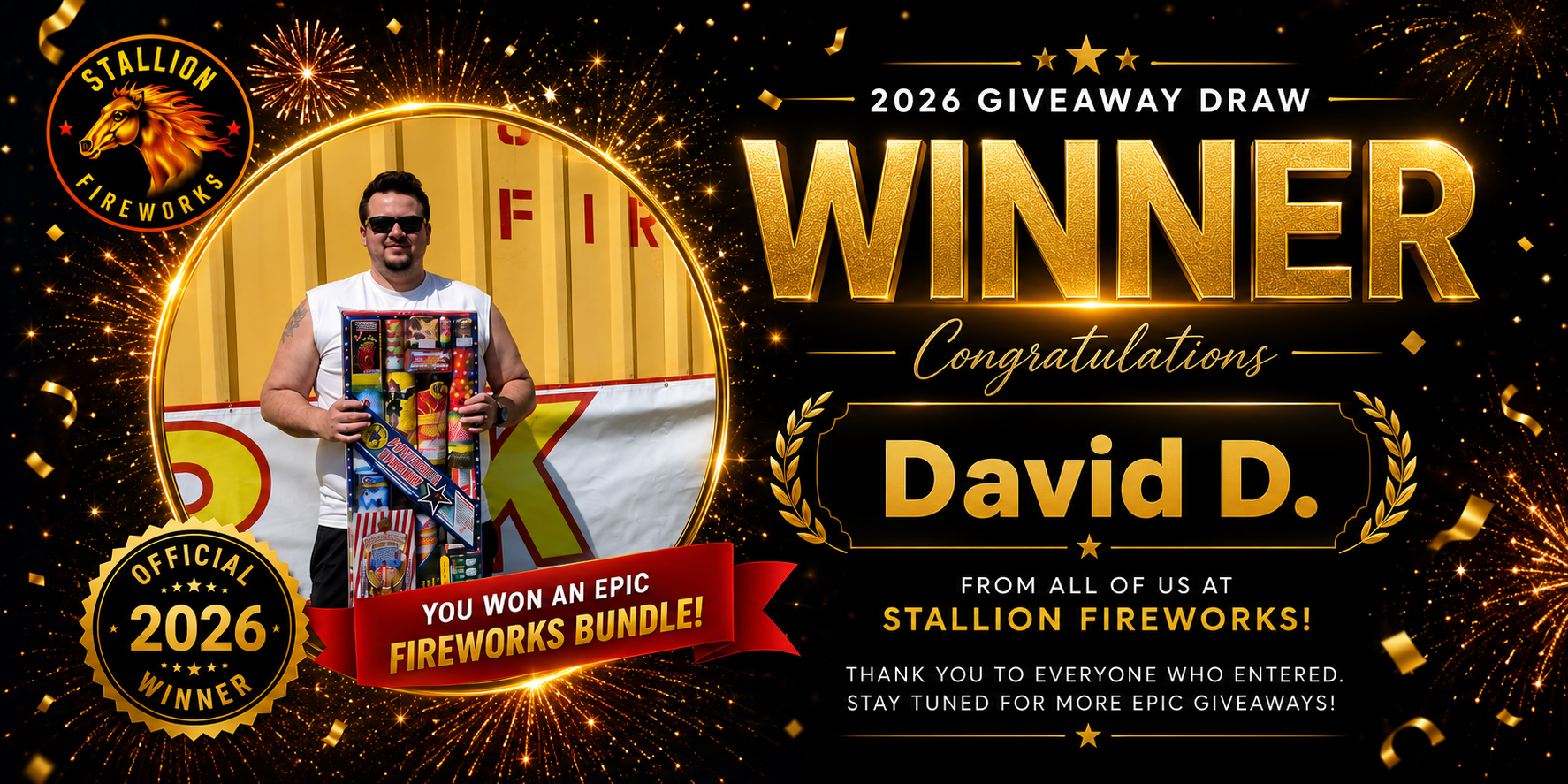 David D. with the 2026 Stallion Fireworks giveaway prize bundle